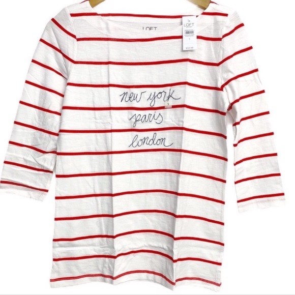 LOFT Top Red & White Striped Embroidered Boatneck Tee New York Paris Size Large - Picture 3 of 5